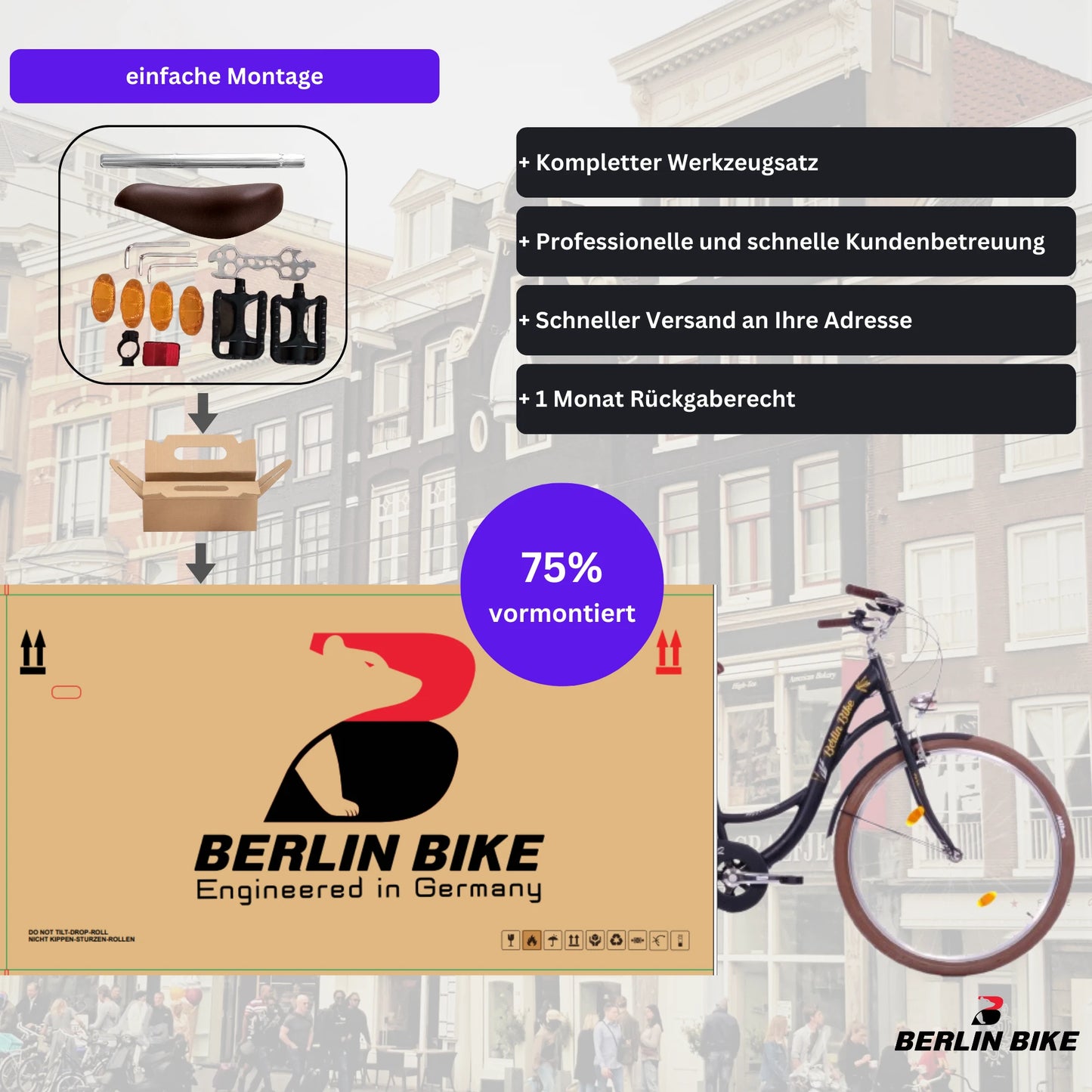 Berlin Bike Bella 2 Damenfahrrad 28 Zoll in Schwarz, 75 % vormontiert für einfache Montage – leichtes und günstiges Citybike bei fahrradkauf24.de, schneller Versand in Deutschland