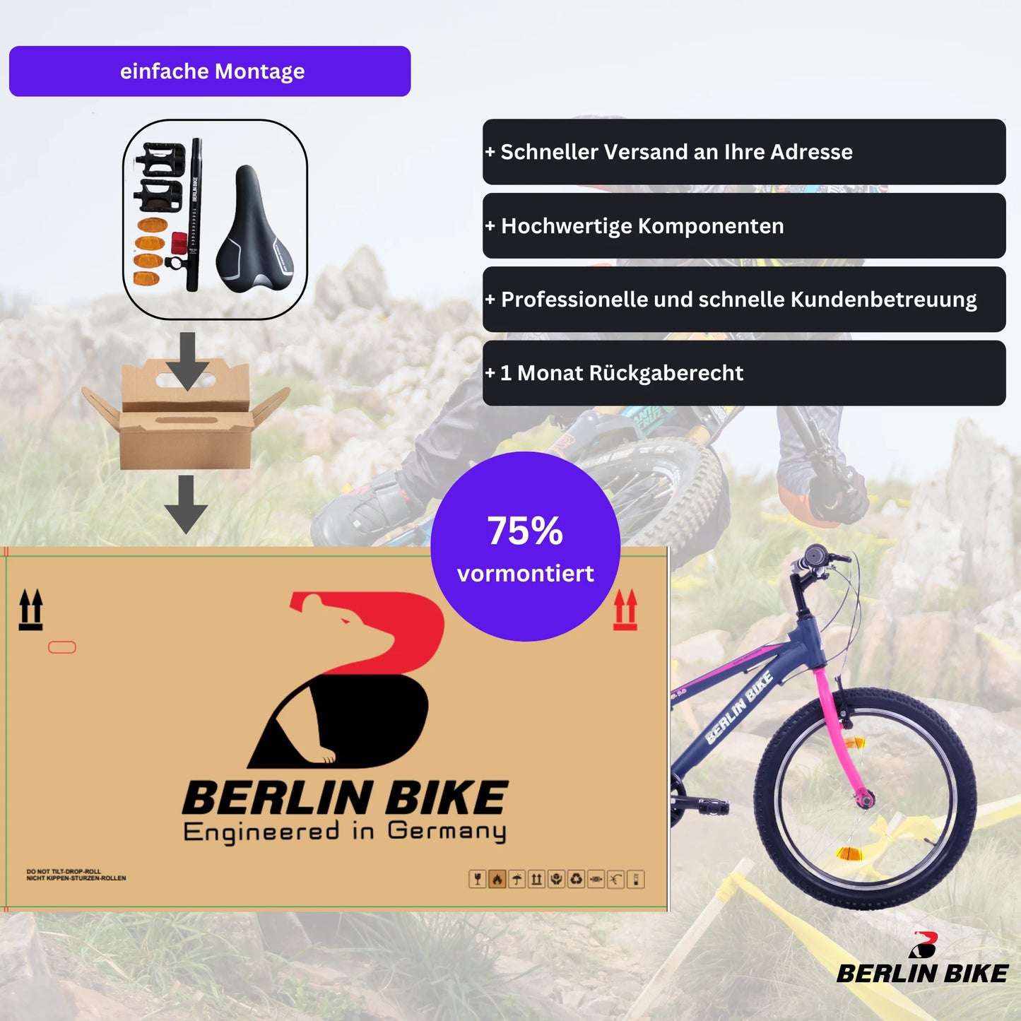 Berlin Bike Grizz 20 Zoll Kinderfahrrad in Rosa, 75 % vormontiert für einfache Montage – schnelle Expresslieferung innerhalb Deutschlands für ein stabiles Kinderfahrrad