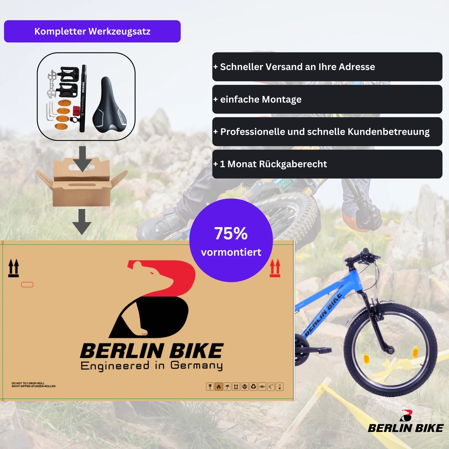 Berlin Bike MTB1 20 Zoll Kinderfahrrad in Blau, 75 % vormontiert für eine einfache Montage – leichtes und stabiles Kindermountainbike bei fahrradkauf24.de, schneller Versand in Deutschland