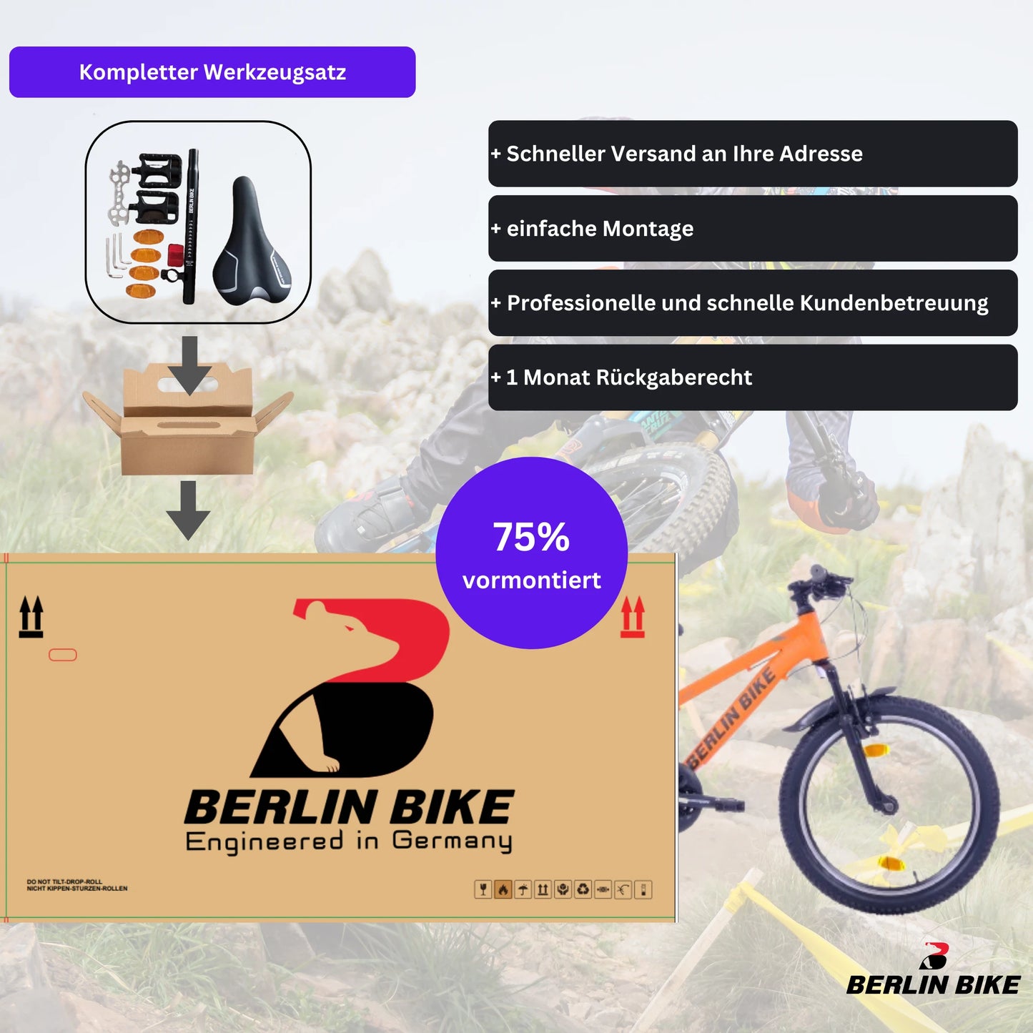 Berlin Bike MTB1 20 Zoll Kinderfahrrad in Orange, 75 % vormontiert für eine einfache Montage – leichtes und stabiles Kindermountainbike bei fahrradkauf24.de, schneller Versand in Deutschland