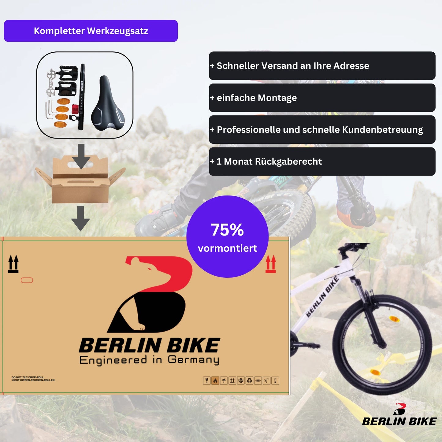 Berlin Bike MTB1 24 Zoll Kinderfahrrad in Weiß, 75 % vormontiert für eine einfache Montage – leichtes und stabiles Kindermountainbike bei fahrradkauf24.de, schneller Versand in Deutschland
