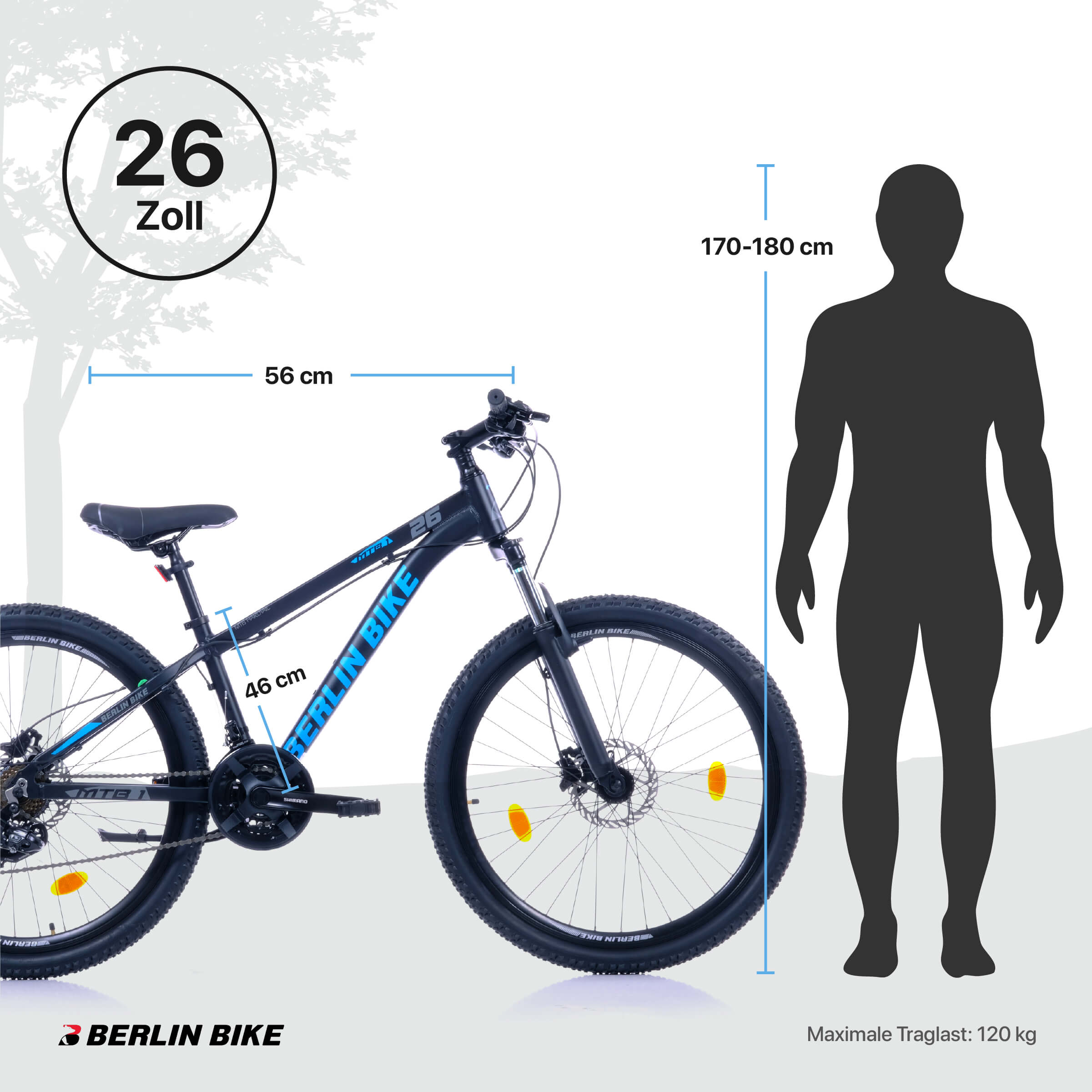 Berlin Bike MTB1 26 Zoll Mountainbike Schwarz Blau für Damen & Herren – Fahrradkauf24