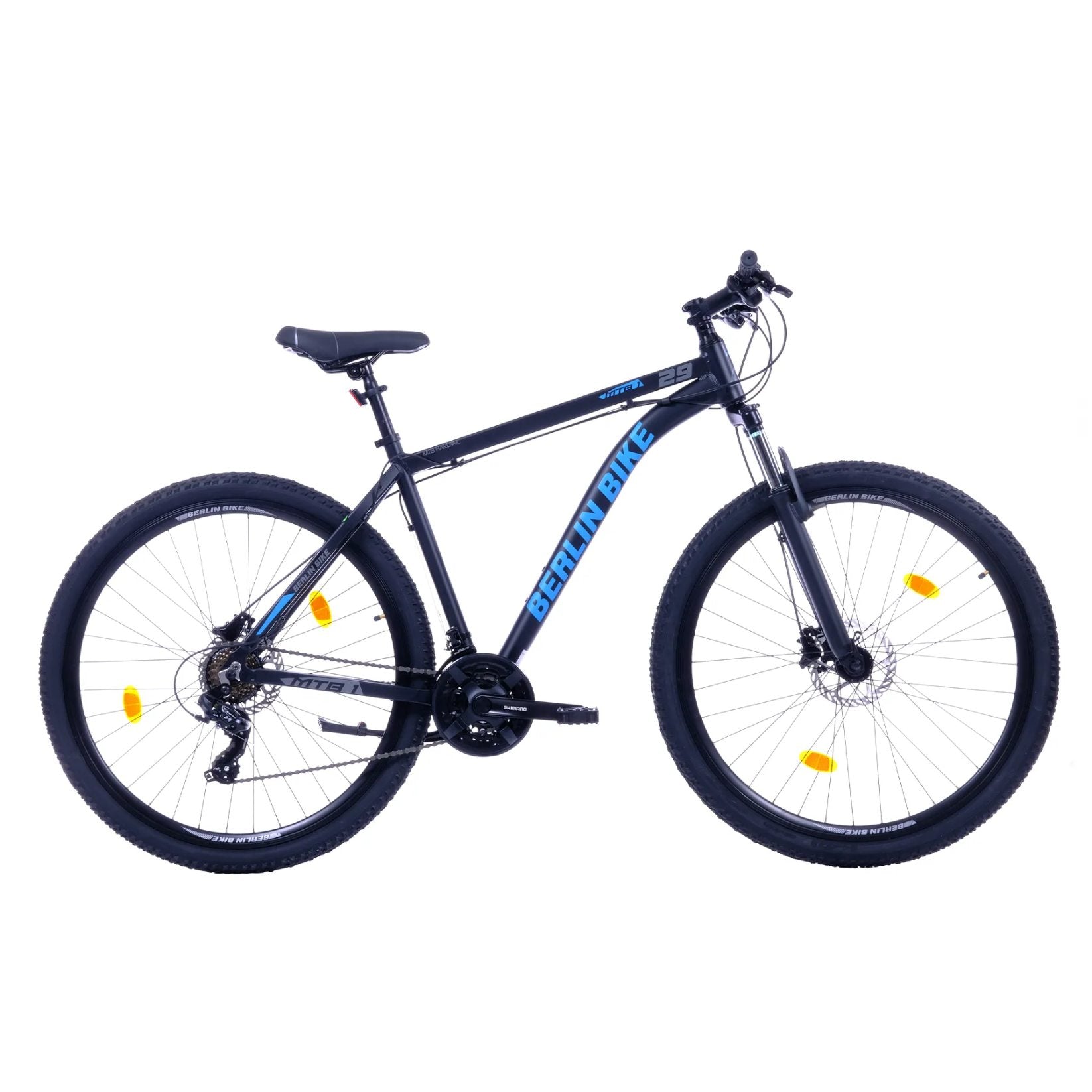 Berlin Bike MTB1 29 Zoll Mountainbike in Schwarz-Blau, Profilansicht, offizieller Verkauf über fahrradkauf24.de mit EU-weitem Versand
