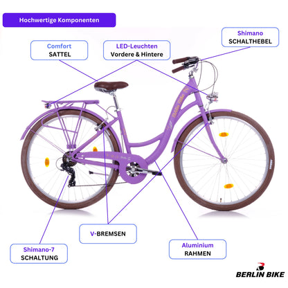 Berlin Bike Bella 2 Damenfahrrad 28 Zoll in Lila mit hochwertigen Fahrradteilen – leichtes und günstiges Citybike bei fahrradkauf24.de, schneller Versand innerhalb Deutschlands