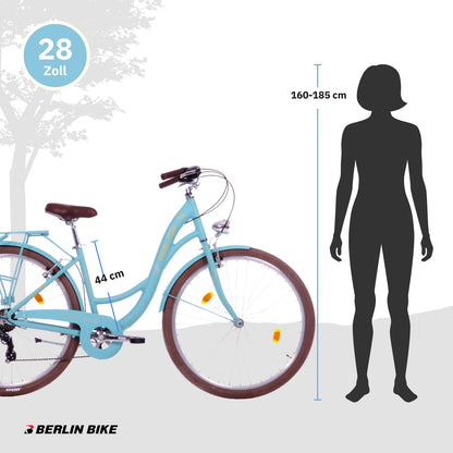 Berlin Bike Bella 2 Damenfahrrad 28 Zoll in Türkis mit Grössenempfehlung 160–185 cm – leichtes und günstiges Citybike bei fahrradkauf24.de, schneller Versand in Deutschland