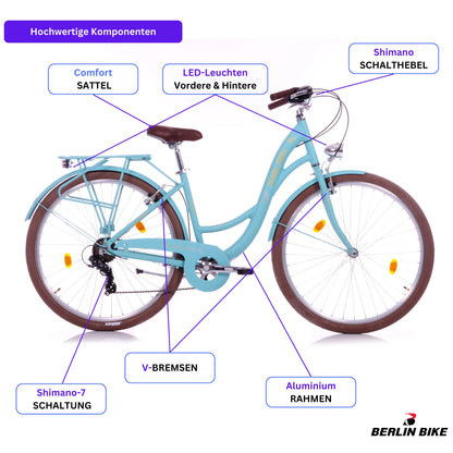 Berlin Bike Bella 2 Damenfahrrad 28 Zoll in Türkis mit hochwertigen Teilen – leichtes und günstiges Citybike bei fahrradkauf24.de, Expressversand in Deutschland