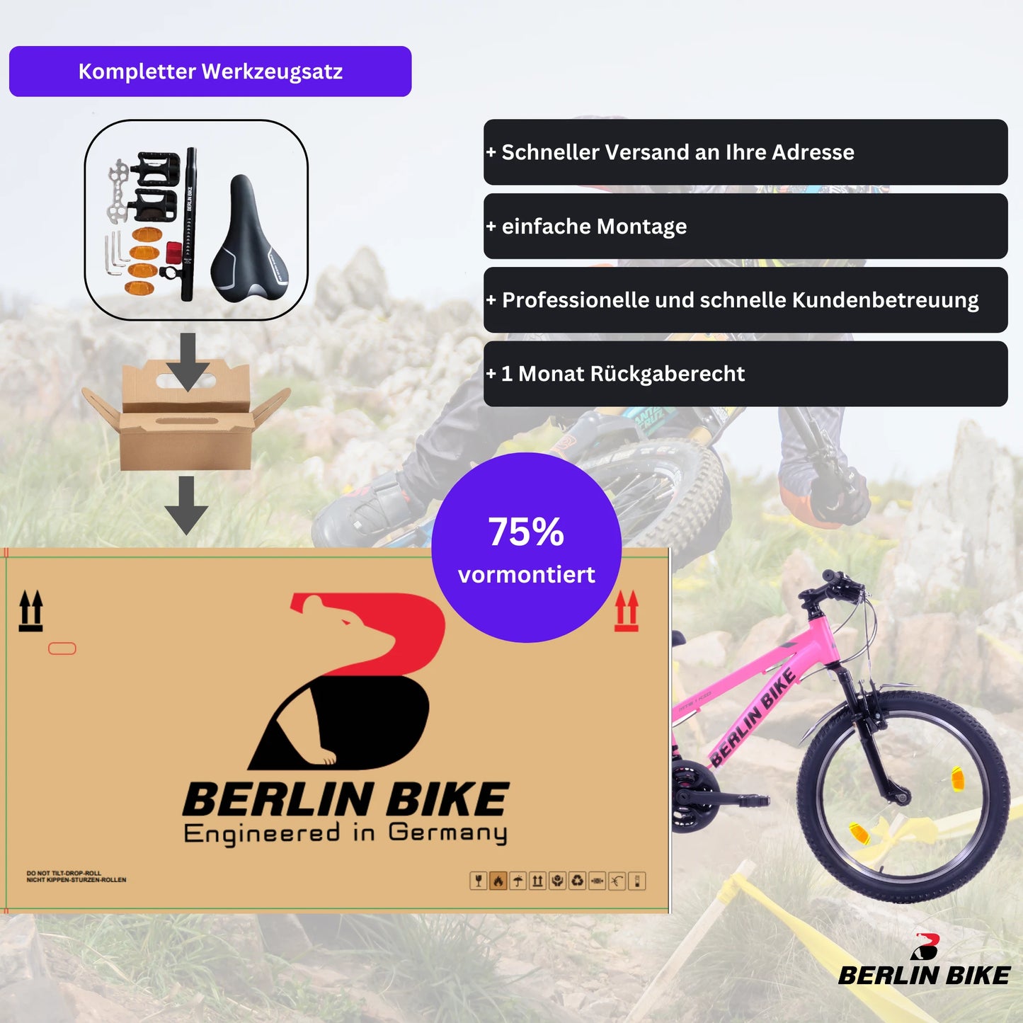 Berlin Bike MTB1 20 Zoll Kinderfahrrad in Rosa, 75 % vormontiert für eine einfache Montage – leichtes und stabiles Kindermountainbike bei fahrradkauf24.de, schneller Versand in Deutschland