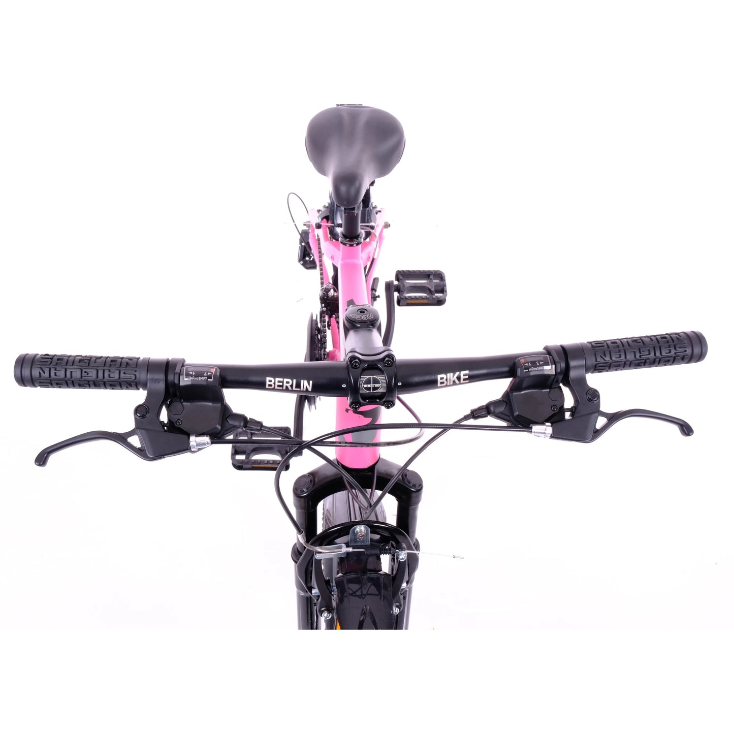 Berlin Bike MTB1 20 Zoll Kinderfahrrad in Rosa – Detailansicht des Lenkers von oben mit Bremshebel und Schaltgriff, leichtes und stabiles Kinderrad, schneller Versand in Deutschland