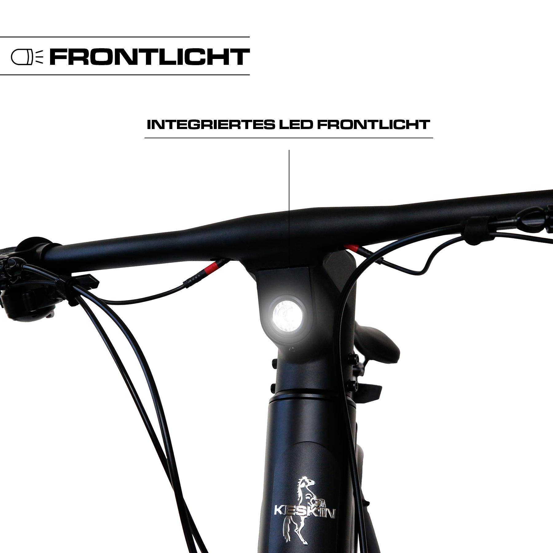 Keskin cBike1V E-Bike in Schwarz mit integrierter Frontleuchte, Detailansicht, offizieller Verkauf über fahrradkauf24.de mit EU-weitem Versand
