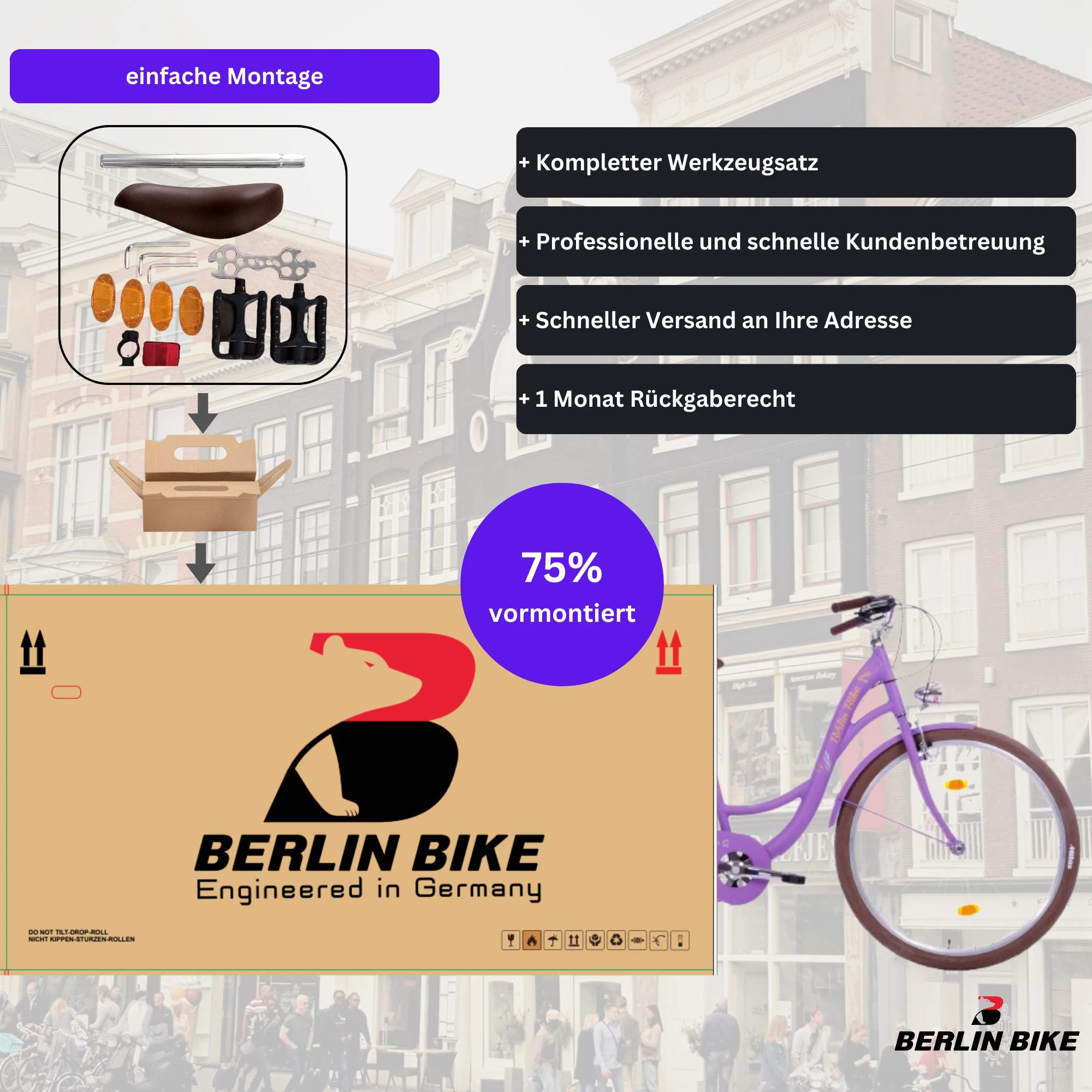 Berlin Bike Bella 2 Damenfahrrad 28 Zoll in Lila, 75 % vormontiert für einfache Montage – leichtes und günstiges Citybike bei fahrradkauf24.de, schneller Versand in Deutschland