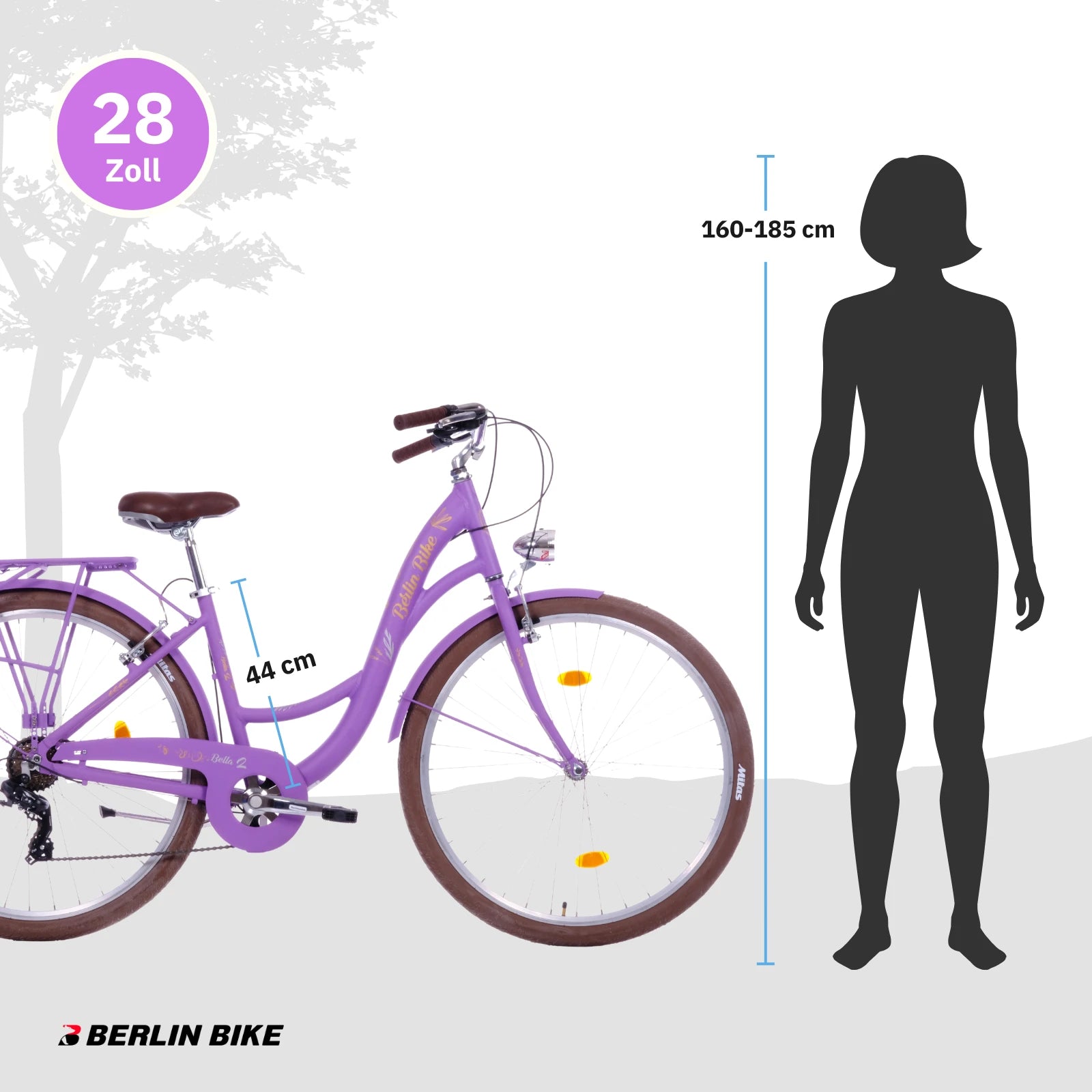 Berlin Bike Bella 2 Damenfahrrad 28 Zoll in Lila mit Grössenempfehlung 160–185 cm – leichtes und günstiges Citybike bei fahrradkauf24.de, schneller Versand in Deutschland