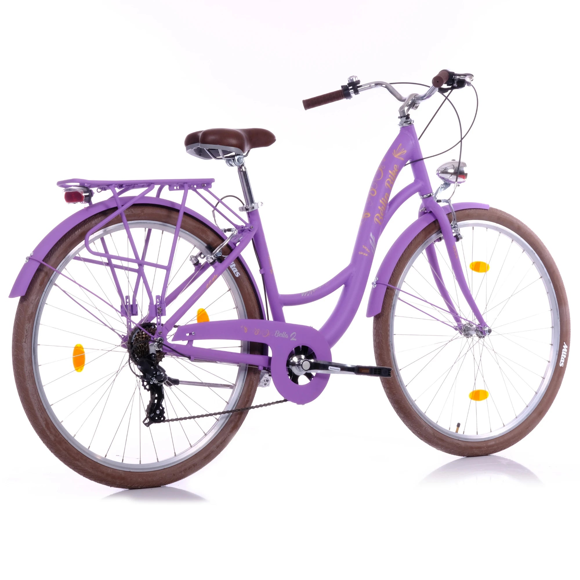 Berlin Bike Bella 2 Damenfahrrad 28 Zoll in Lila in der 45‑Grad‑Rückansicht – leichtes und günstiges Citybike bei fahrradkauf24.de, schneller Versand innerhalb Deutschlands