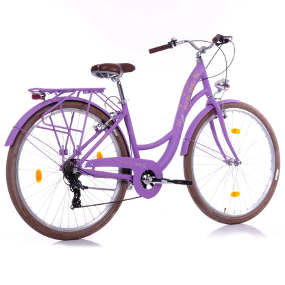 Berlin Bike Bella 2 Damenfahrrad 28 Zoll in Lila in der 45‑Grad‑Rückansicht – leichtes und günstiges Citybike bei fahrradkauf24.de, schneller Versand innerhalb Deutschlands