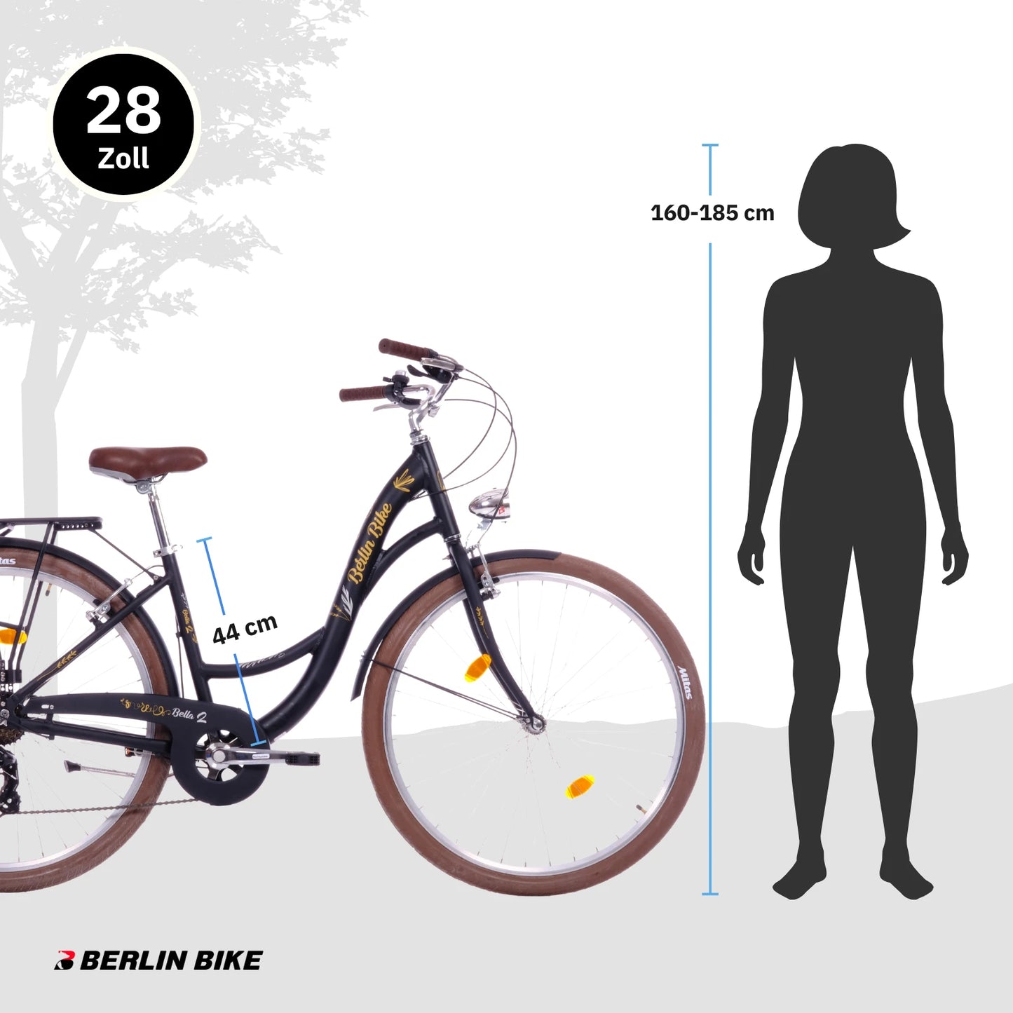Berlin Bike Bella 2 Damenfahrrad 28 Zoll in Schwarz mit Grössenempfehlung 160–185 cm – leichtes und günstiges Citybike bei fahrradkauf24.de, schneller Versand in Deutschland