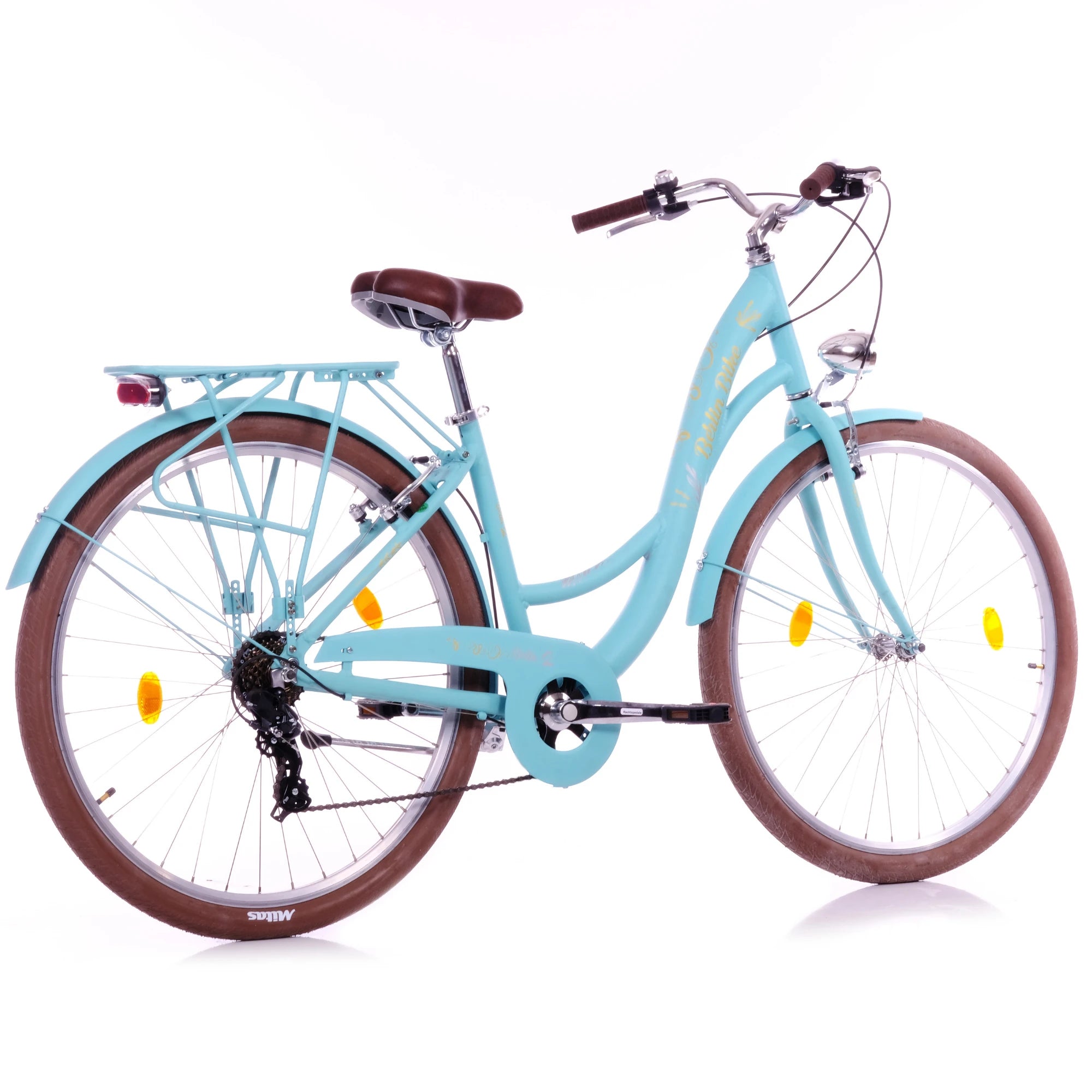 Berlin Bike Bella 2 Damenfahrrad 28 Zoll in Türkis in der 45‑Grad‑Rückansicht – leichtes und günstiges Citybike bei fahrradkauf24.de, schneller Versand in Deutschland