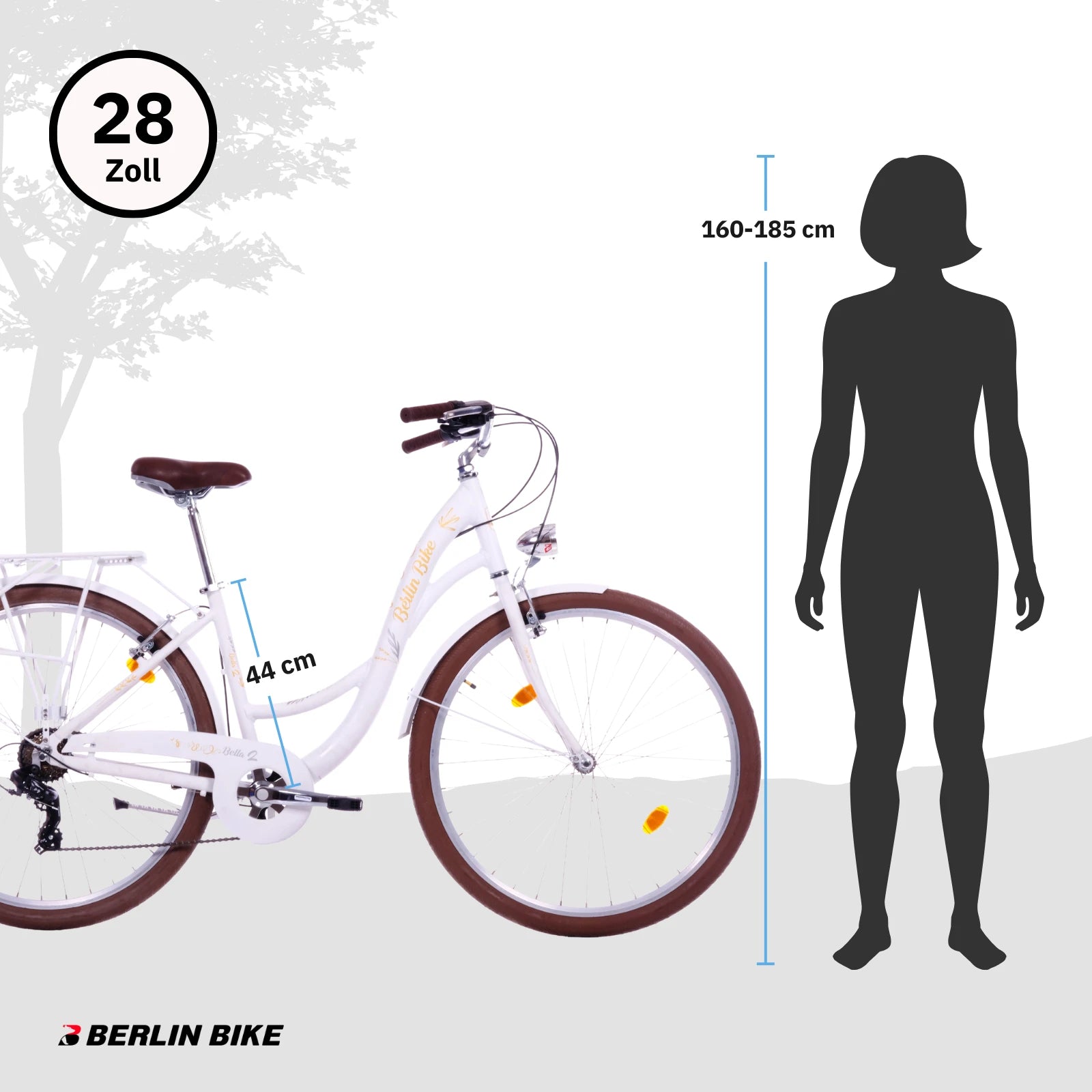 Berlin Bike Bella 2 Damenfahrrad 28 Zoll in Weiß mit Grössenempfehlung 160–185 cm – leichtes und günstiges Citybike bei fahrradkauf24.de, schneller Versand in Deutschland
