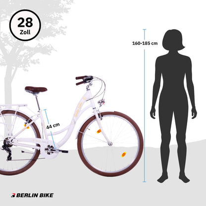 Berlin Bike Bella 2 Damenfahrrad 28 Zoll in Weiß mit Grössenempfehlung 160–185 cm – leichtes und günstiges Citybike bei fahrradkauf24.de, schneller Versand in Deutschland