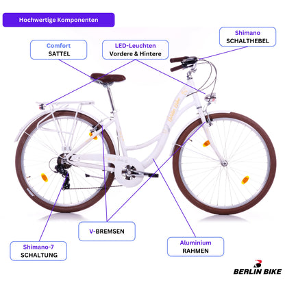 Berlin Bike Bella 2 Damenfahrrad 28 Zoll in Weiß mit hochwertigen Fahrradteilen – leichtes und günstiges Citybike bei fahrradkauf24.de, schneller Versand innerhalb Deutschlands
