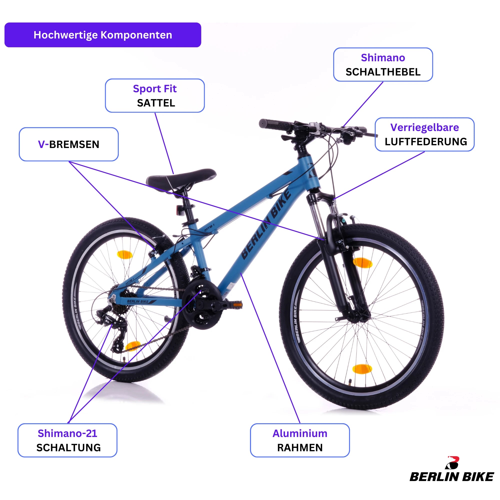 Berlin Bike MTB1 24 Zoll Kinderfahrrad in Blau – Schema der hochwertigen Fahrradteile, leichtes und stabiles Kindermountainbike bei fahrradkauf24.de, schneller Versand in Deutschland