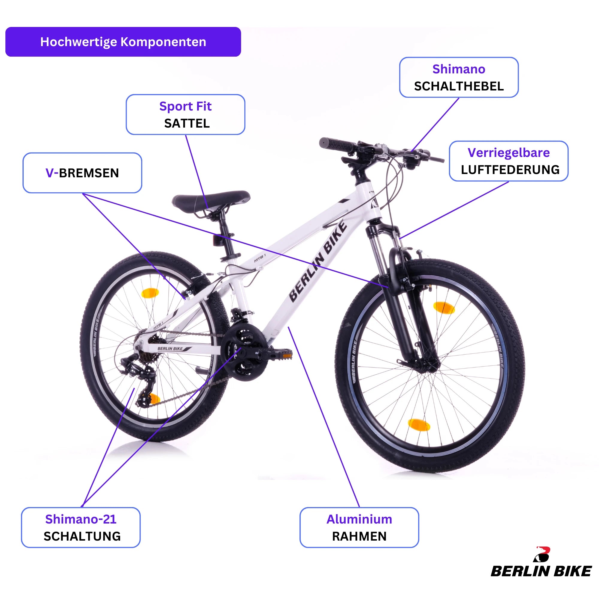 Berlin Bike MTB1 24 Zoll Kinderfahrrad in Weiß – Schema der hochwertigen Fahrradteile, leichtes und stabiles Kindermountainbike bei fahrradkauf24.de, schneller Versand in Deutschland