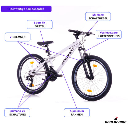 Berlin Bike MTB1 24 Zoll Kinderfahrrad in Weiß – Schema der hochwertigen Fahrradteile, leichtes und stabiles Kindermountainbike bei fahrradkauf24.de, schneller Versand in Deutschland