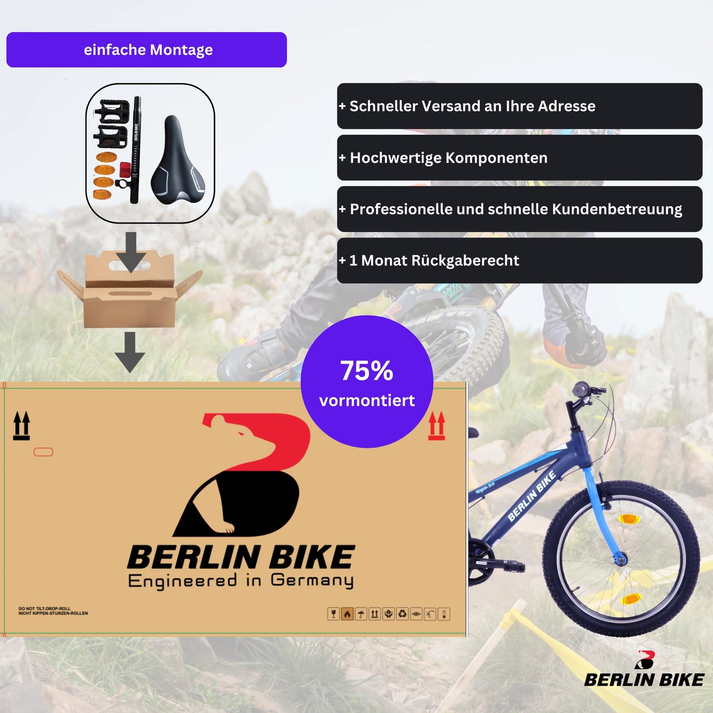 Berlin Bike Grizz 20 Zoll Kinderfahrrad in Blau, 75 % vormontiert für einfache Montage – schnelle Expresslieferung innerhalb Deutschlands für ein stabiles Kinderfahrrad