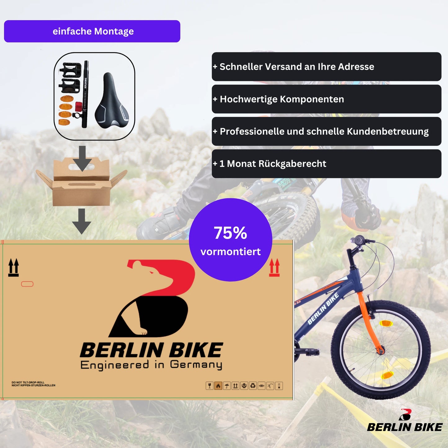 Berlin Bike Grizz 20 Zoll Mountainbike Orange, 75 prozent vormontiert einfache montage, offizieller Verkauf über fahrradkauf24.de mit EU-weitem Versand