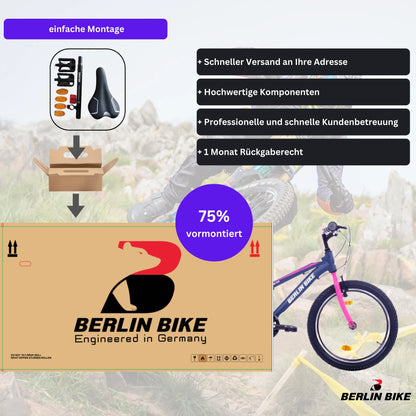Berlin Bike Grizz 20 Zoll Kinderfahrrad in Rosa, 75 % vormontiert für einfache Montage – schnelle Expresslieferung innerhalb Deutschlands für ein stabiles Kinderfahrrad
