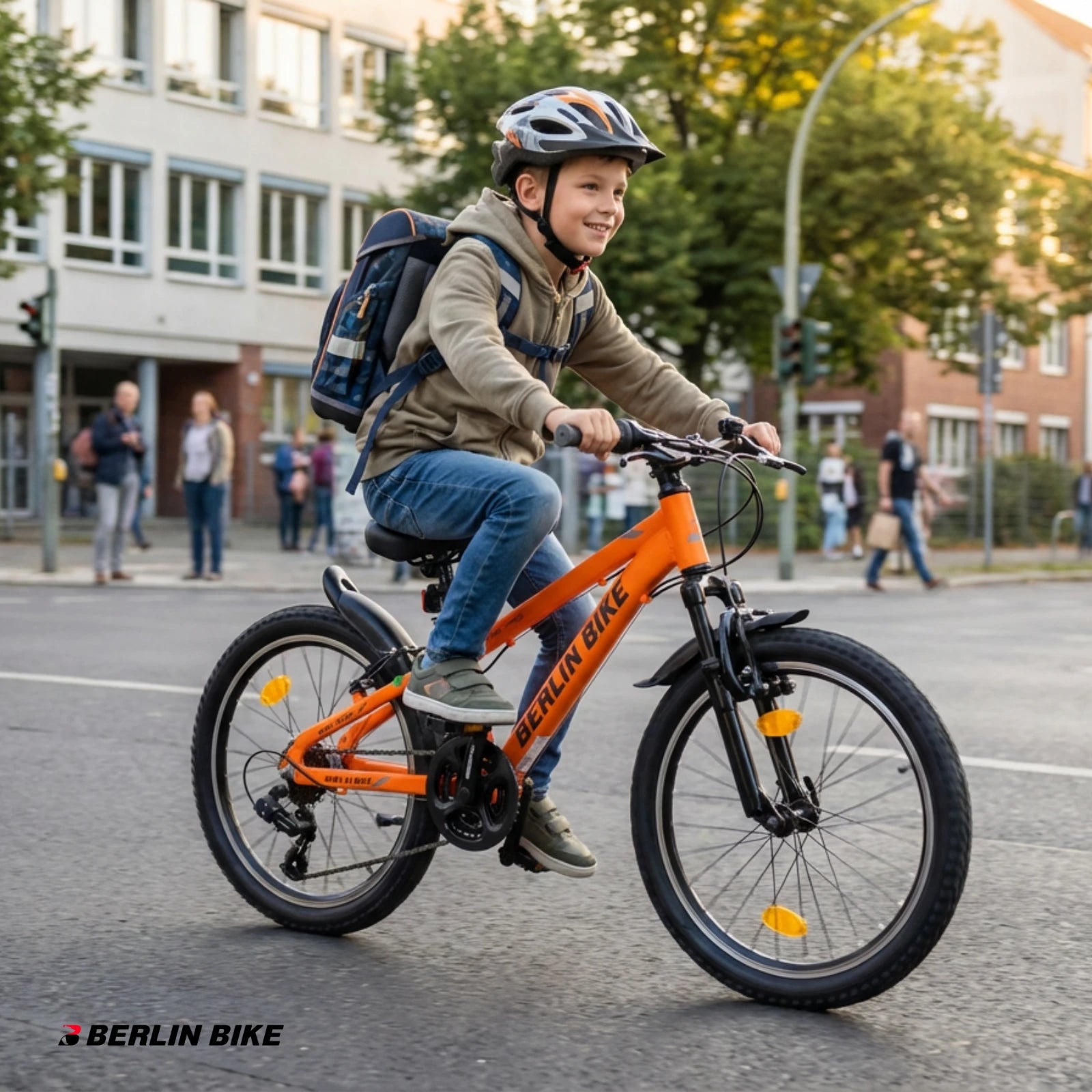 Berlin Bike MTB1 20 Zoll Kinderfahrrad in Orange – Junge geht mit Rucksack zur Schule, leichtes und stabiles Kindermountainbike bei fahrradkauf24.de, schneller Versand in Deutschland