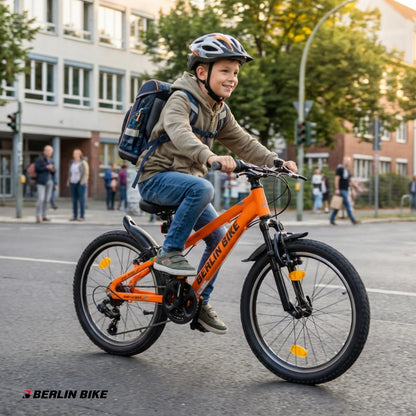 Berlin Bike MTB1 20 Zoll Kinderfahrrad in Orange – Junge geht mit Rucksack zur Schule, leichtes und stabiles Kindermountainbike bei fahrradkauf24.de, schneller Versand in Deutschland