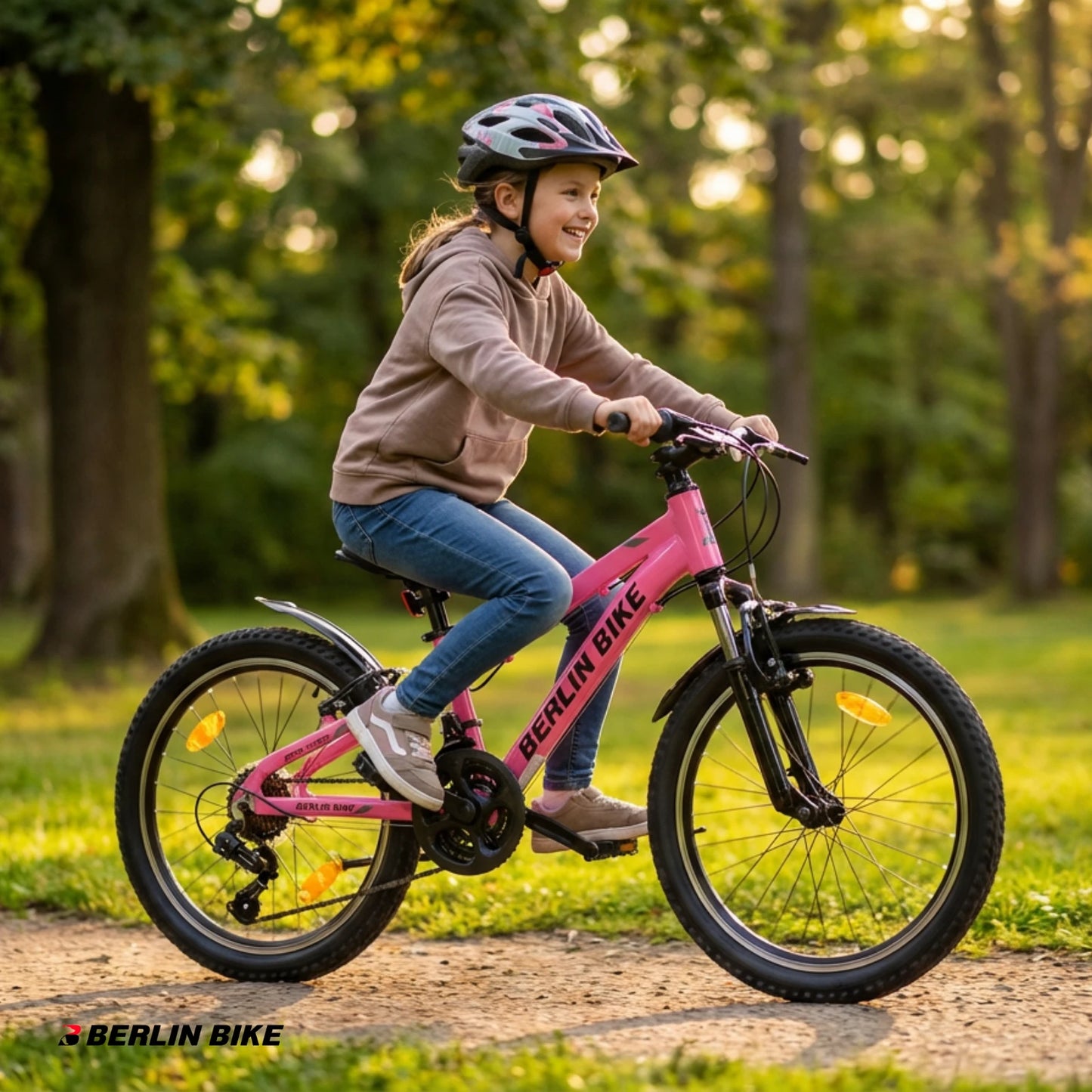 Berlin Bike MTB1 20 Zoll Kinderfahrrad in Rosa – Mädchen fährt das Rad im Park, leichtes und stabiles Kindermountainbike bei fahrradkauf24.de, schneller Versand in Deutschland