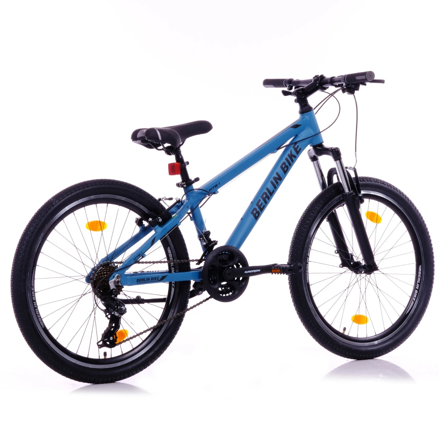 Berlin Bike MTB1 24 Zoll Kinderfahrrad in Blau in der 45‑Grad‑Rückansicht – leichtes und stabiles Kindermountainbike bei fahrradkauf24.de, schneller Versand in Deutschland