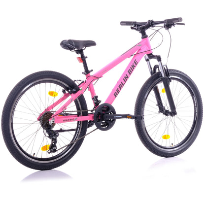 Berlin Bike MTB1 24 Zoll Kinderfahrrad in Rosa in der 45‑Grad‑Rückansicht – leichtes und stabiles Kindermountainbike bei fahrradkauf24.de, schneller Versand in Deutschland