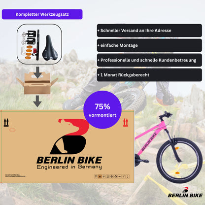 Berlin Bike MTB1 24 Zoll Kinderfahrrad in Rosa, 75 % vormontiert für eine einfache Montage – leichtes und stabiles Kindermountainbike bei fahrradkauf24.de, schneller Versand in Deutschland