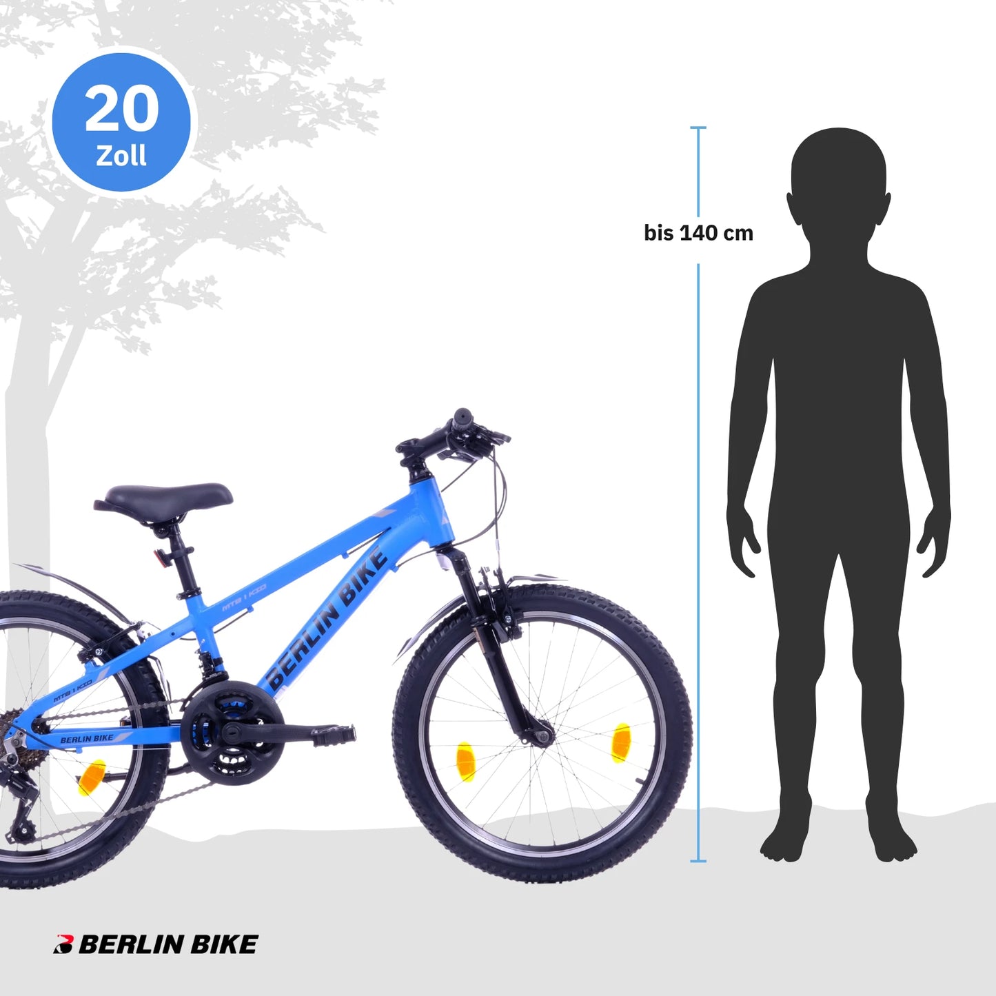Berlin Bike Kinderfahrrad MTB1 Kid 20 Zoll in Blau, Profilansicht mit Grössenempfehlung bis 140 cm – schnelle Expresslieferung innerhalb Deutschlands