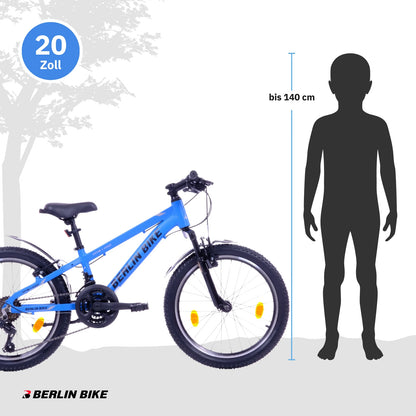 Berlin Bike Kinderfahrrad MTB1 Kid 20 Zoll in Blau, Profilansicht mit Grössenempfehlung bis 140 cm – schnelle Expresslieferung innerhalb Deutschlands
