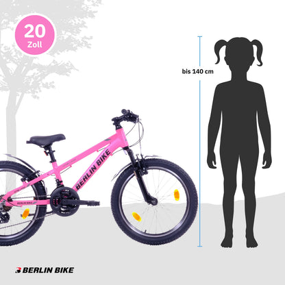 Berlin Bike MTB1 20 Zoll Kinderfahrrad in Rosa mit Grössenempfehlung bis ca. 140 cm – leichtes und stabiles Kindermountainbike bei fahrradkauf24.de, schneller Versand in Deutschland