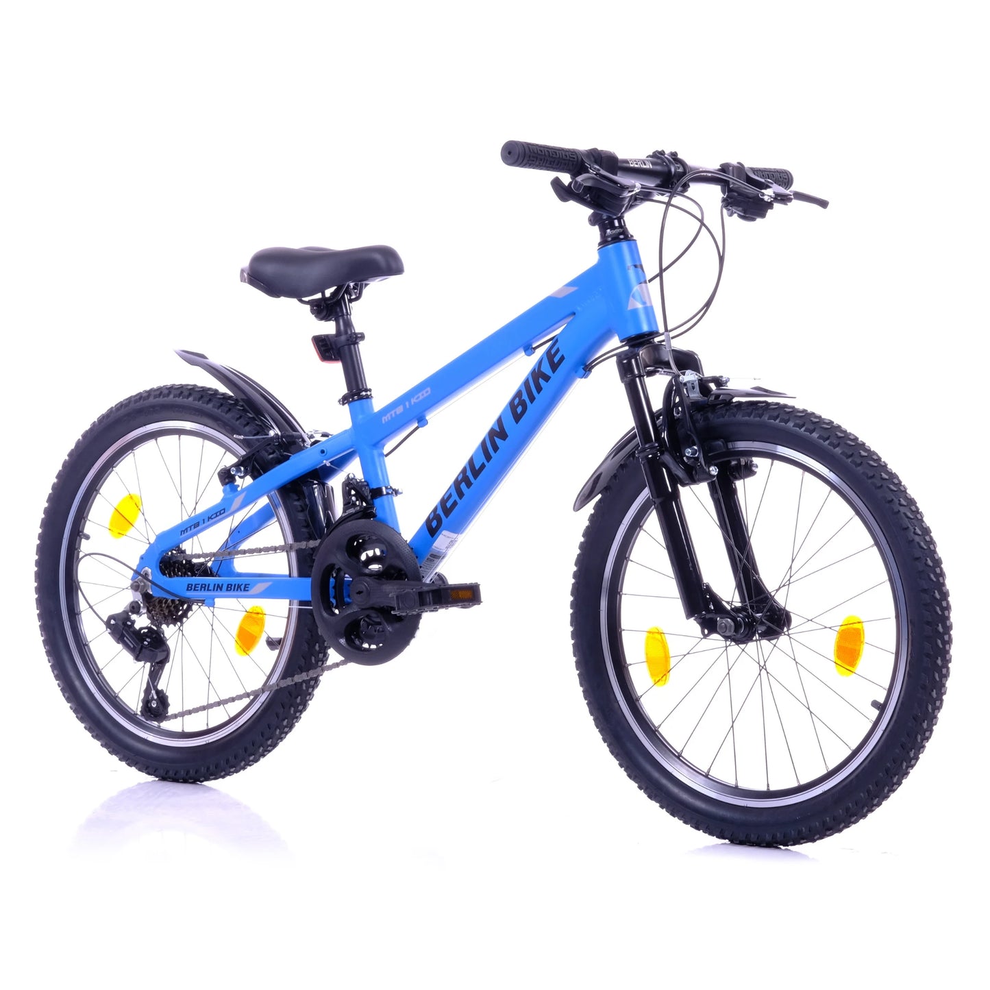 Berlin Bike Kinderfahrrad MTB1 Kid 20 Zoll in Blau, 45‑Grad‑Frontansicht – leichtes Kinder-MTB mit schnellem Deutschland‑Versand.