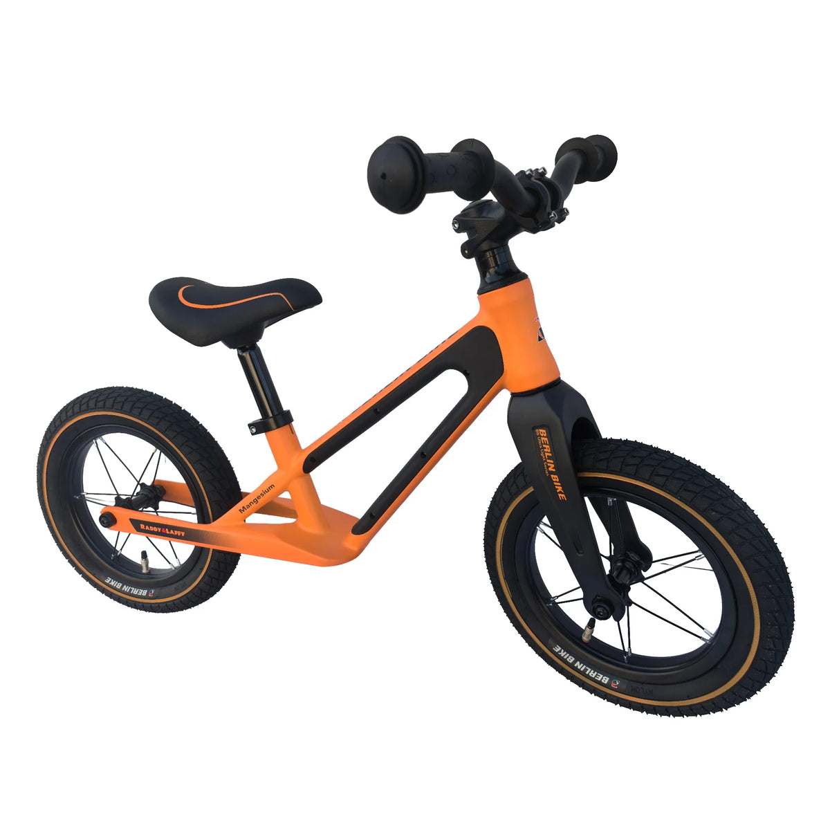 Berlin Bike Raddy Laffy Balance Bike 12 Inch 45-degree side view orange