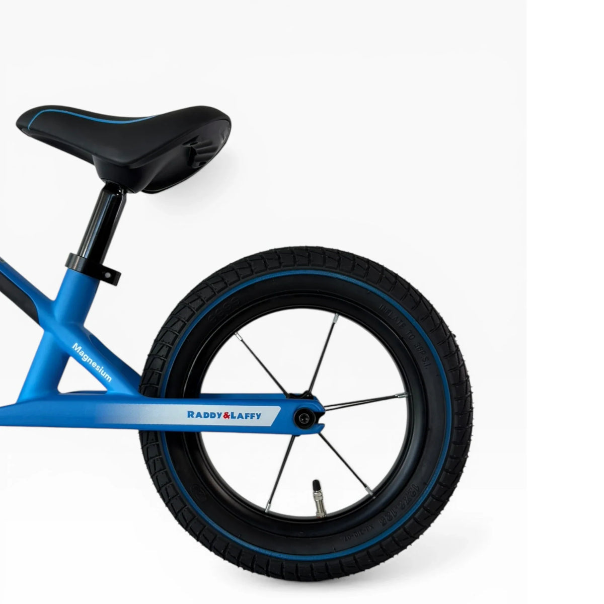 Berlin Bike Raddy Laffy Balance Bike 12 Inch rear wheel and saddle detail blue