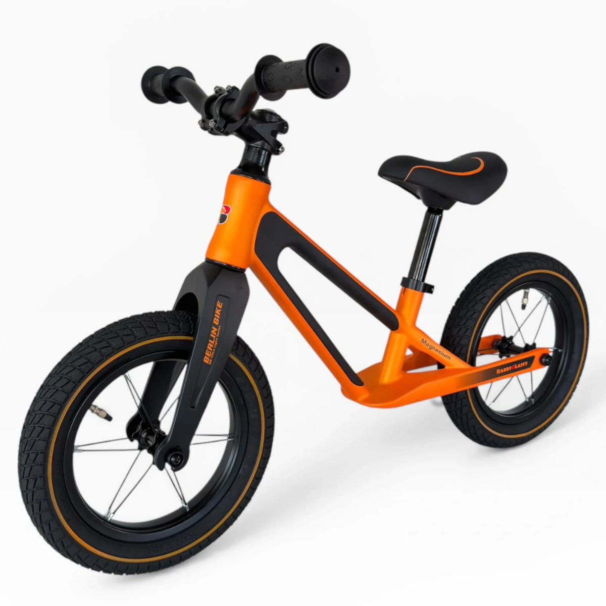 Berlin Bike Raddy Laffy Balance Bike 12 Inch front side view orange