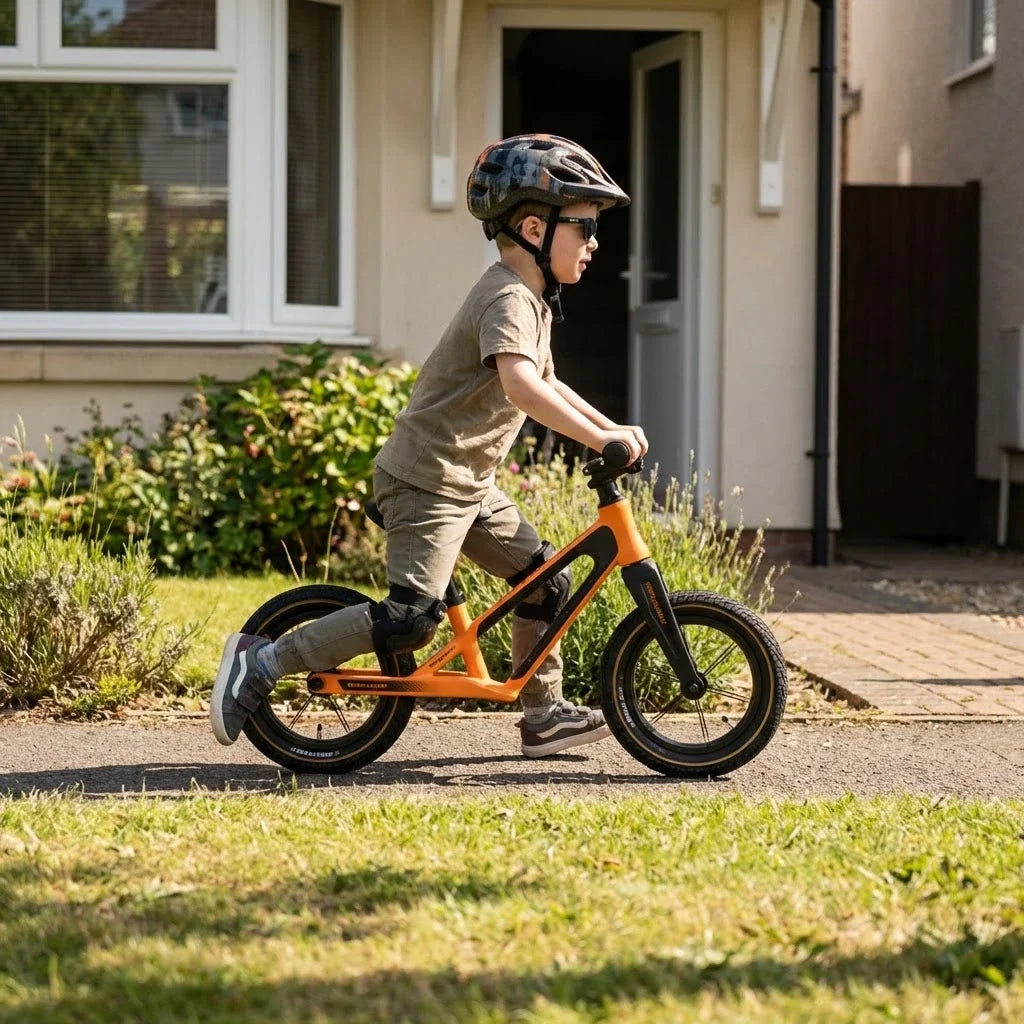 Berlin Bike Raddy Laff Balance Bike 12 Inch child riding outdoors orange