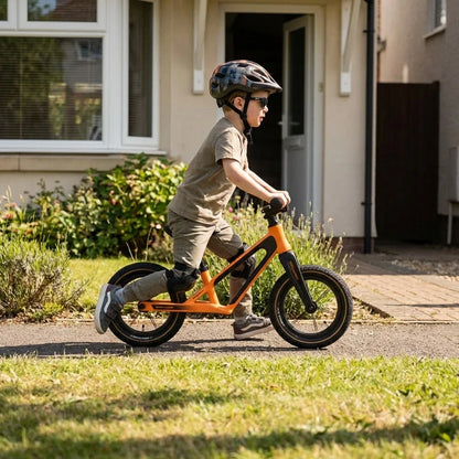 Berlin Bike Raddy Laff Balance Bike 12 Inch child riding outdoors orange