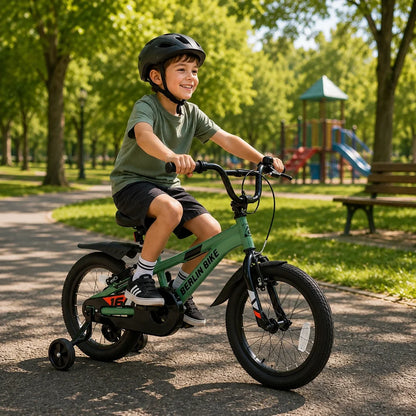 Berlin Bike Cross Kids Bike 16 Inch child riding outdoors green
