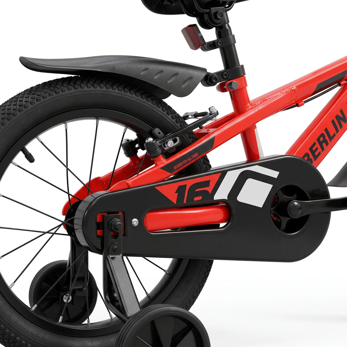 Berlin Bike Cross Kids Bike 16 Inch chain guard and training wheels detail orange