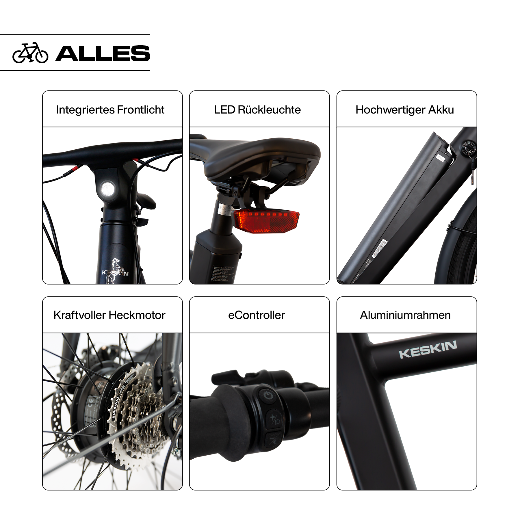 Keskin cBike1 E-Bike in Schwarz, Gesamtübersicht mit Frontlicht, Rücklicht, Akku, Hecknabenmotor, Bedieneinheit und Rahmen, offizieller Verkauf über fahrradkauf24.de mit EU-weitem Versand
