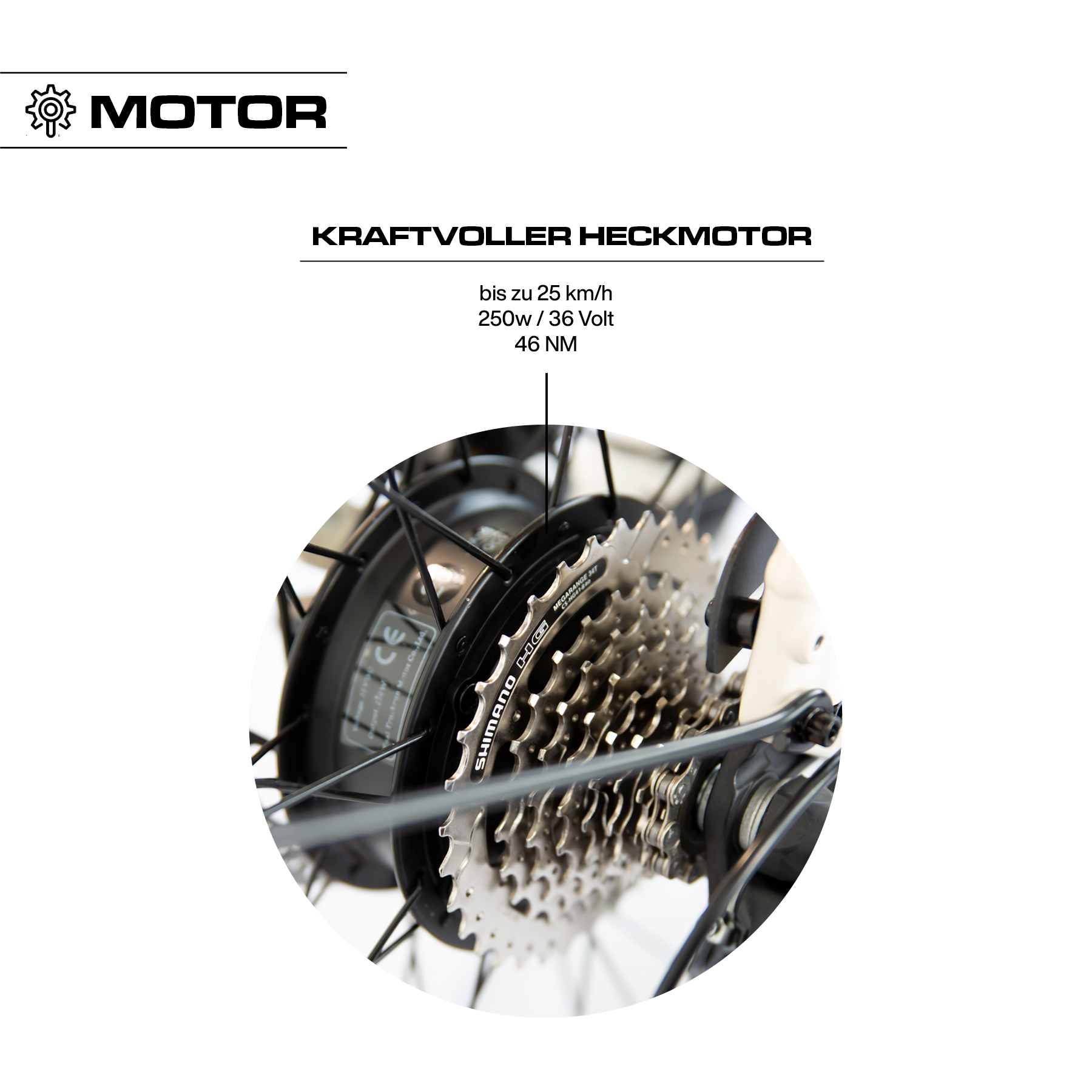 Keskin cBike1 E-Bike mit 250W 36V Hecknabenmotor, Detailansicht des leistungsstarken Rear Hub Motors, offizieller Verkauf über fahrradkauf24.de mit EU-weitem Versan
