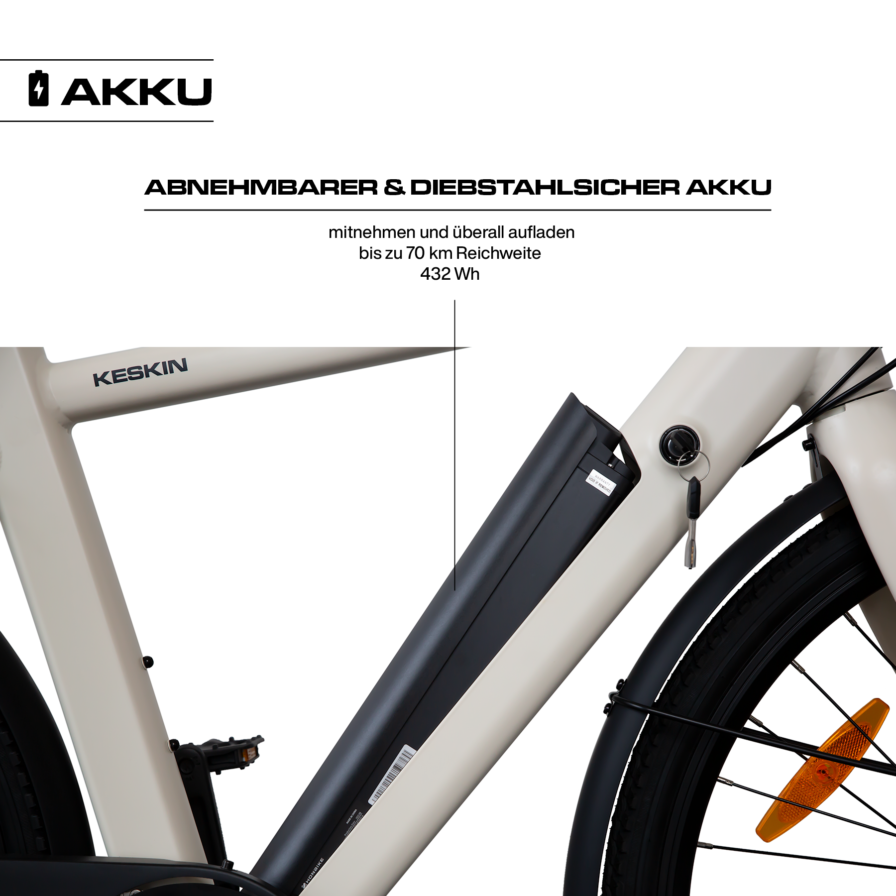 Keskin cBike1 E-Bike mit Akkuschlüssel, Detailansicht des Schließsystems, offizieller Verkauf über fahrradkauf24.de mit EU-weitem Versand
