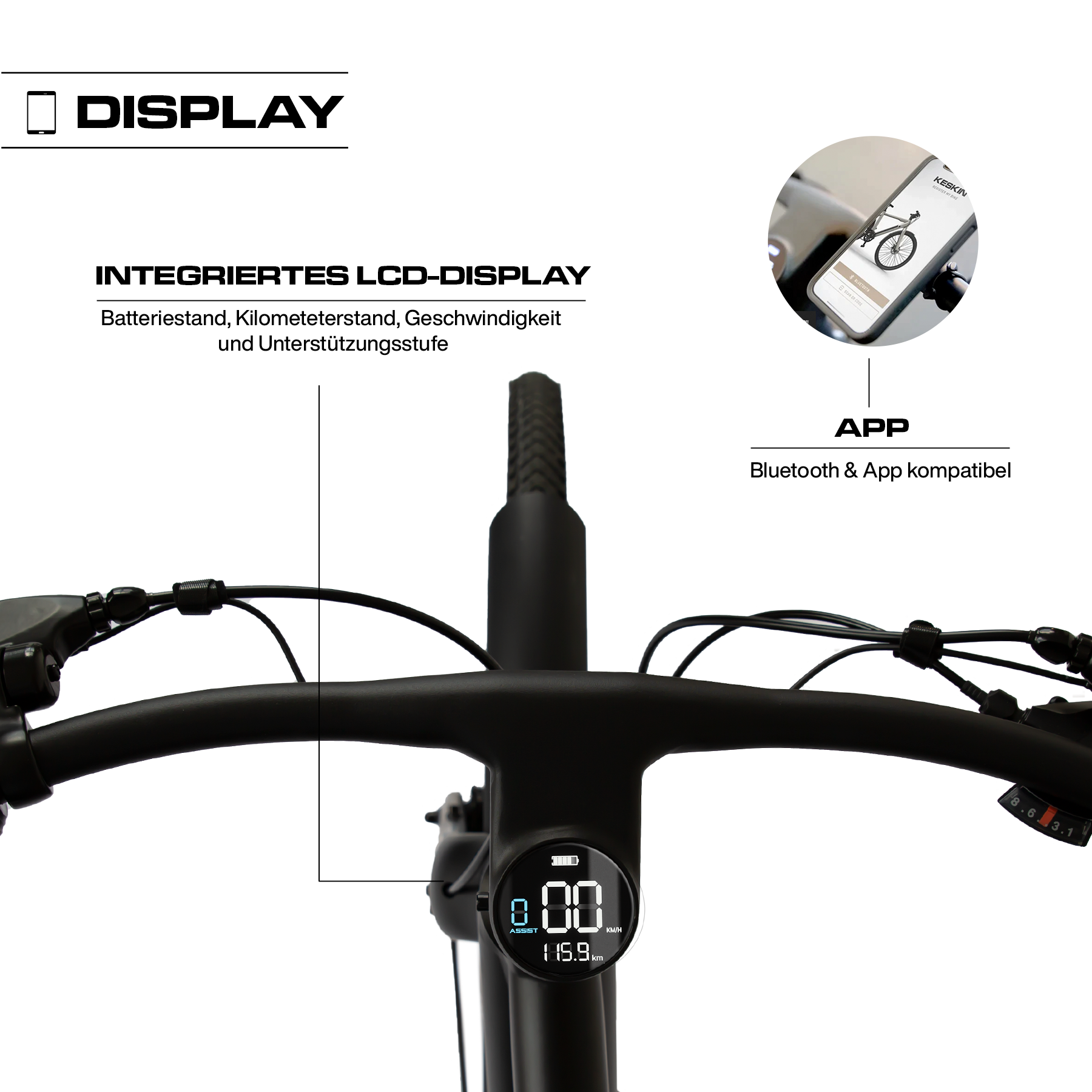 Keskin cBike1V E-Bike mit integriertem Display und App-Anbindung, Detailansicht der smarten Steuerung, offizieller Verkauf über fahrradkauf24.de mit EU-weitem Versand
