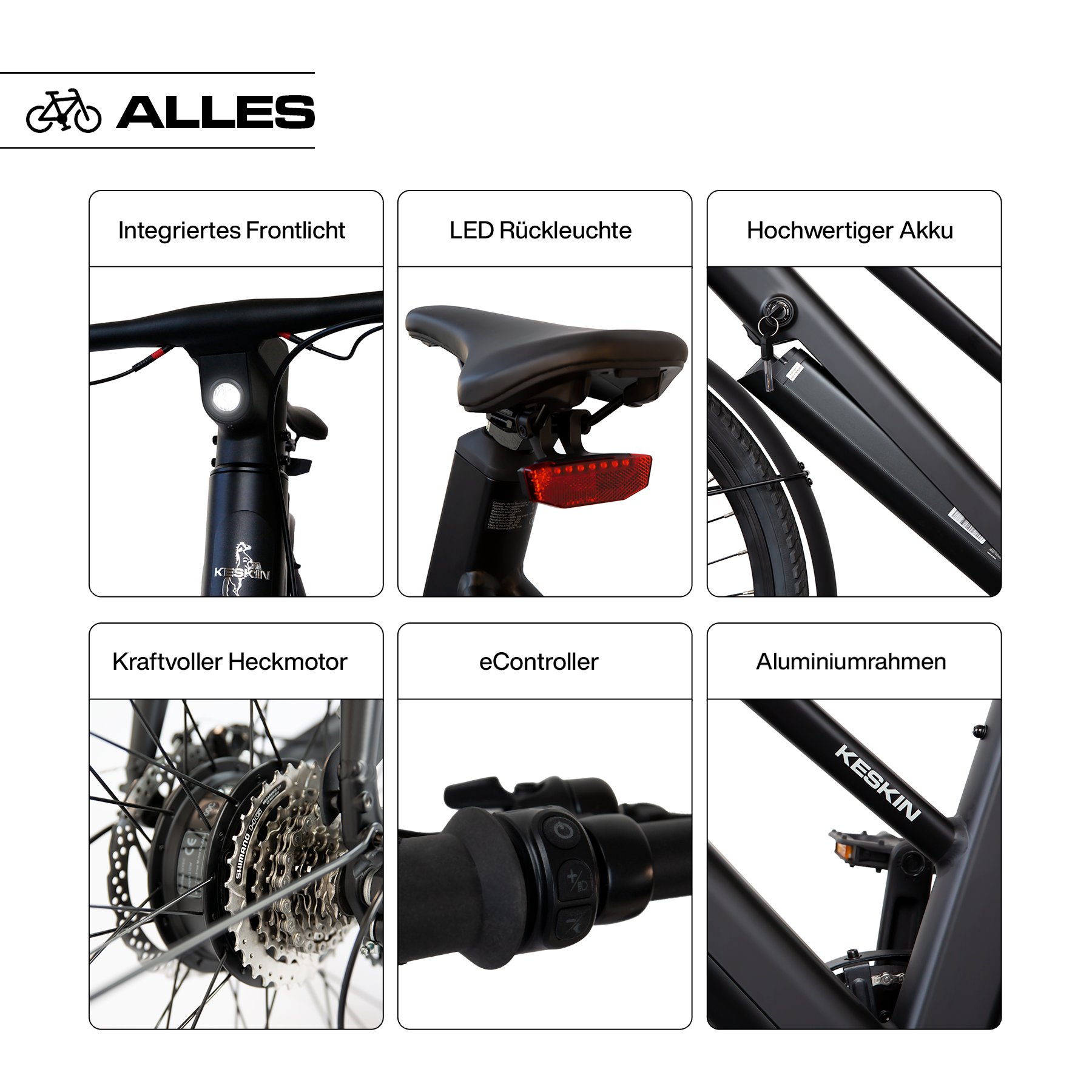 Keskin cBike1V E-Bike, Gesamtübersicht mit integrierter Frontleuchte, Rücklicht, Akku, Motor, Bedieneinheit und Rahmen, offizieller Verkauf über fahrradkauf24.de mit EU-weitem Versand
